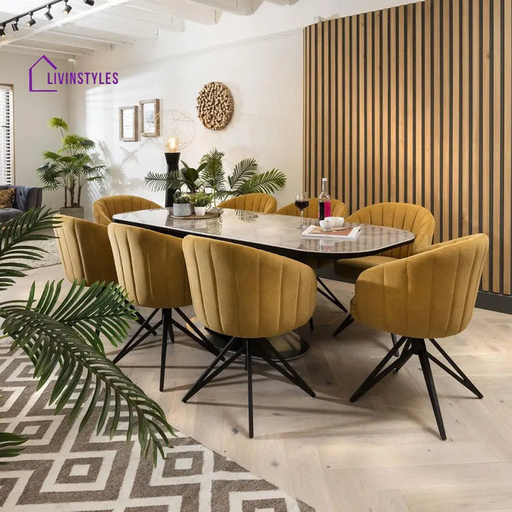 Anfisa Dining Chair Set of 2 Swivel Mustard Fabric & Black Hairpin Legs Dining Room / Dining Chairs