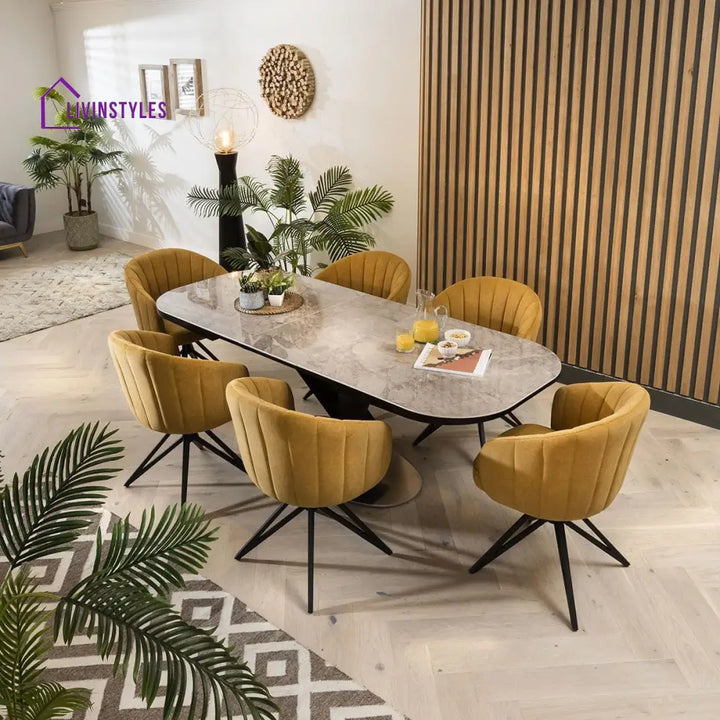 Anfisa Dining Chair Set of 2 Swivel Mustard Fabric & Black Hairpin Legs Dining Room / Dining Chairs