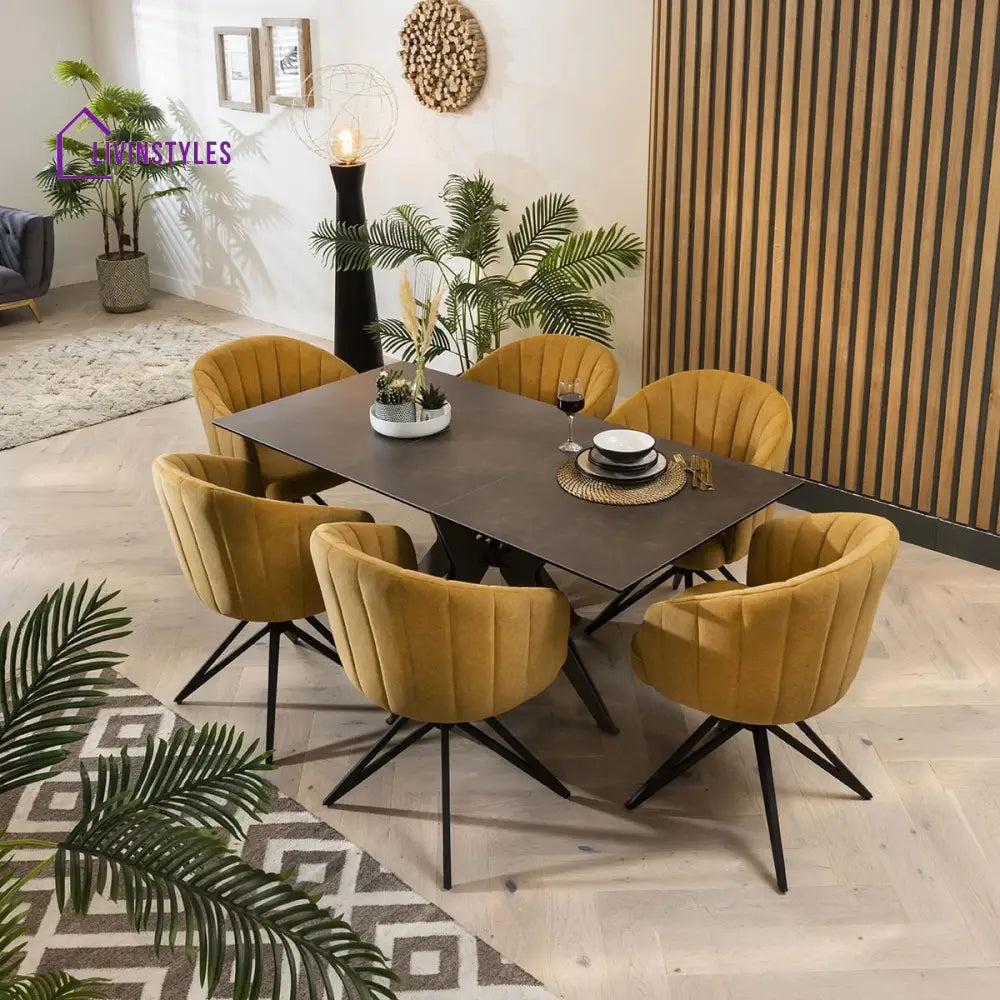 Anfisa Dining Chair Set of 2 Swivel Mustard Fabric & Black Hairpin Legs Dining Room / Dining Chairs