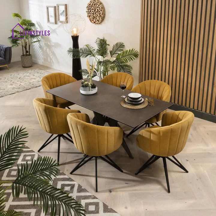Anfisa Dining Chair Set of 2 Swivel Mustard Fabric & Black Hairpin Legs Dining Room / Dining Chairs