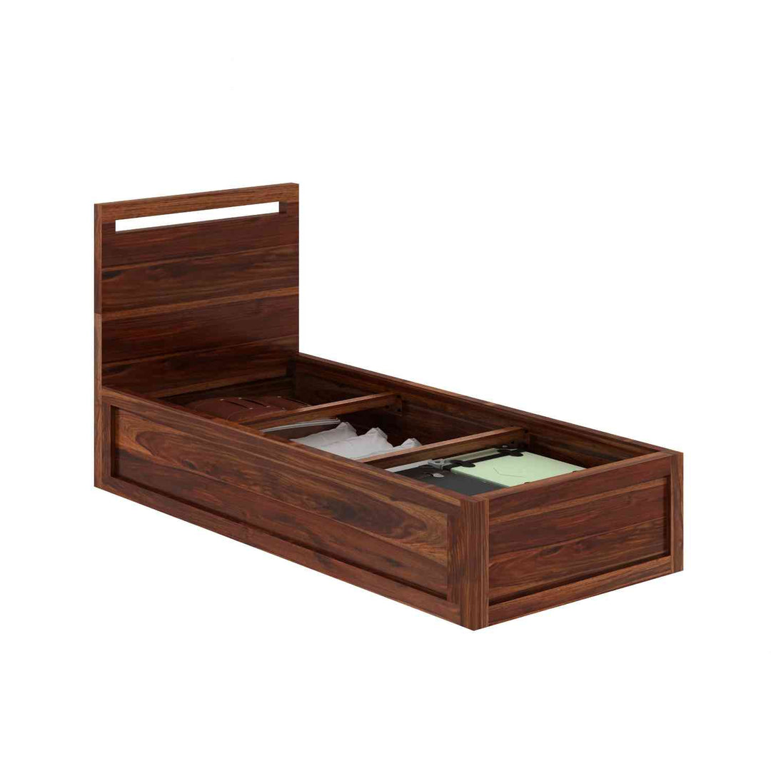 Irene Solid Sheesham Wood Single Bed With Box Storage (Natural Finish)