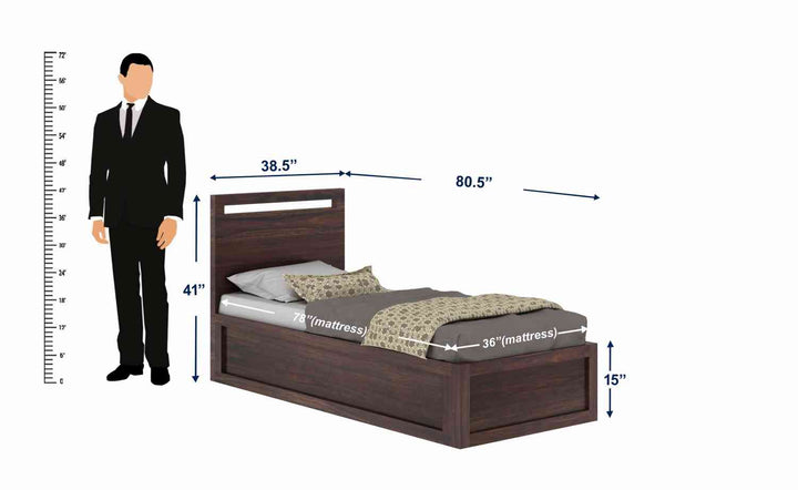 Iria Solid Sheesham Wood Single Bed With Box Storage (Walnut Finish)