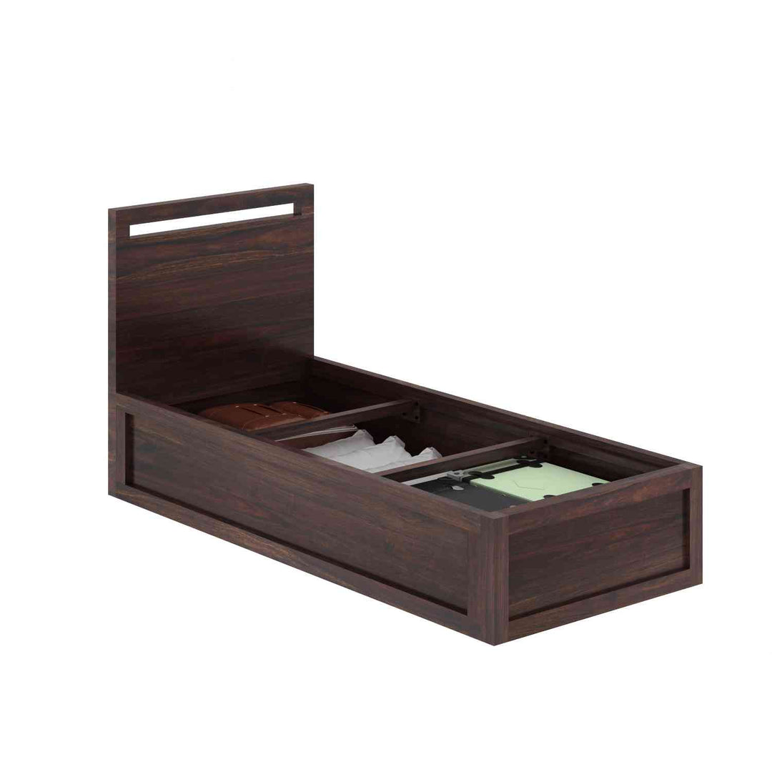 Iria Solid Sheesham Wood Single Bed With Box Storage (Walnut Finish)