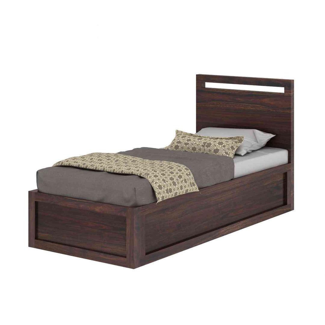 Iria Solid Sheesham Wood Single Bed With Box Storage (Walnut Finish)