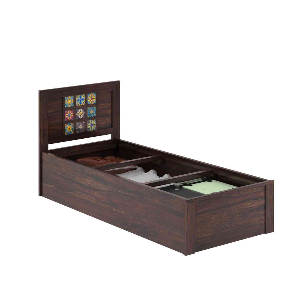 Isabel Solid Sheesham Wood Single Bed With Box Storage (Walnut Finish)