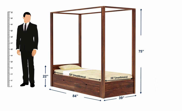 Evangelina Solid Sheesham Wood Single Bed With Box Storage (Natural Finish)