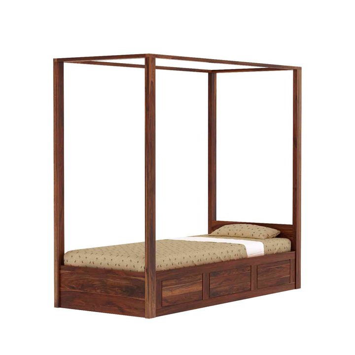 Evangelina Solid Sheesham Wood Single Bed With Box Storage (Natural Finish)