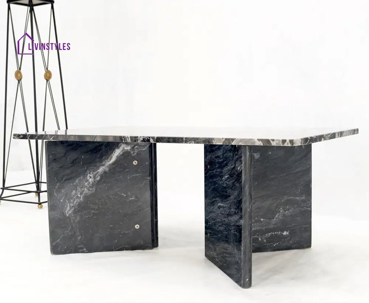 Black Marble Top Double Pedestal Base Rectangle Coffee Table