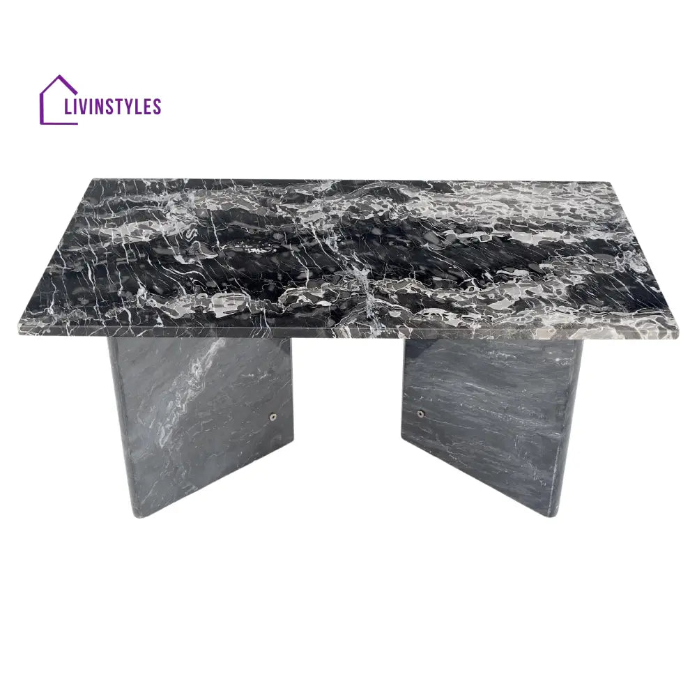 Black Marble Top Double Pedestal Base Rectangle Coffee Table