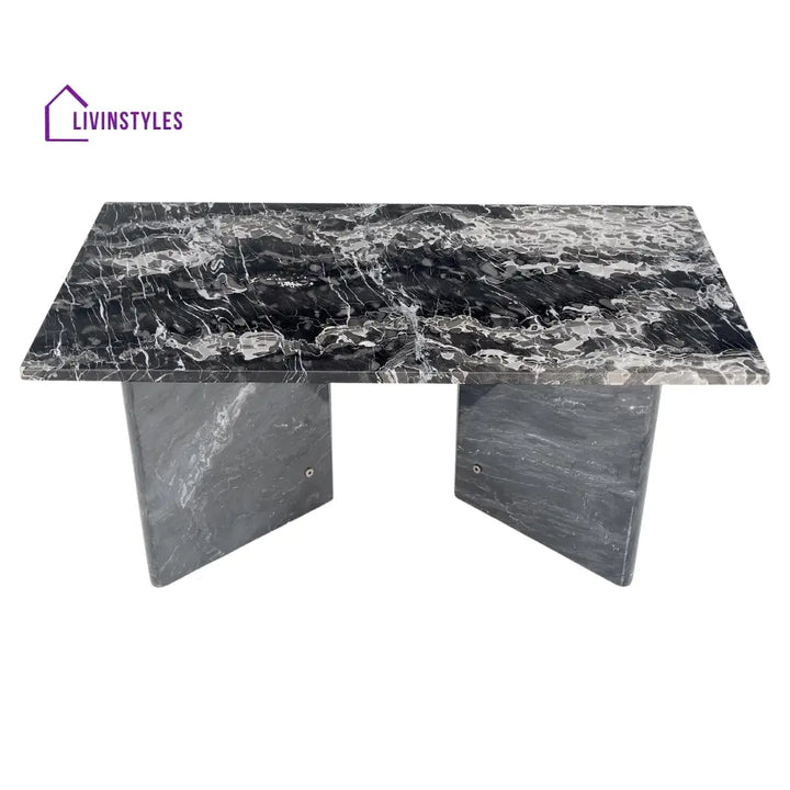 Black Marble Top Double Pedestal Base Rectangle Coffee Table