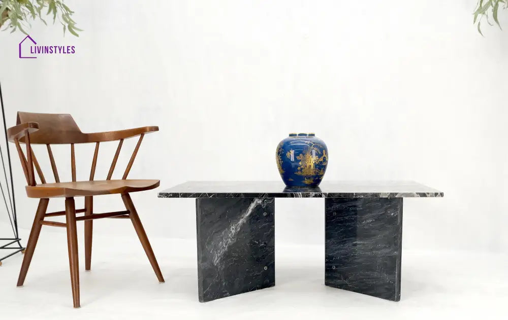 Black Marble Top Double Pedestal Base Rectangle Coffee Table