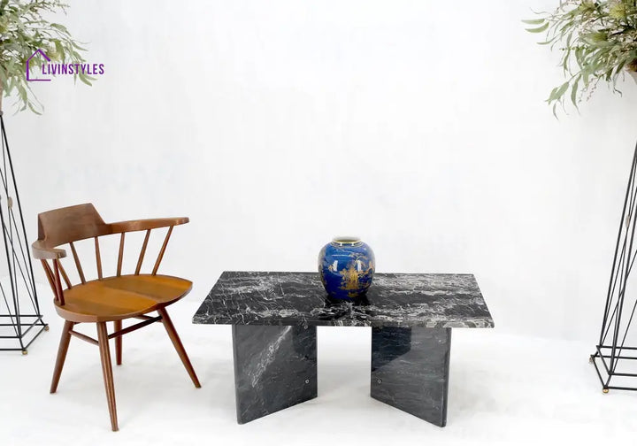 Black Marble Top Double Pedestal Base Rectangle Coffee Table