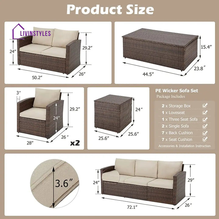 Brixton 6 Pieces Outdoor Furniture Set Patio Rattan Wicker Sectional Sofa Beige