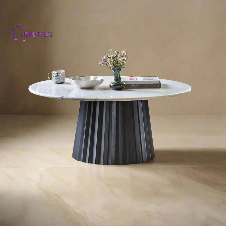 Devansh Acacia Wood Round Coffee Table with White Marble Top – Timeless Elegance in Two Wood Finishes Black