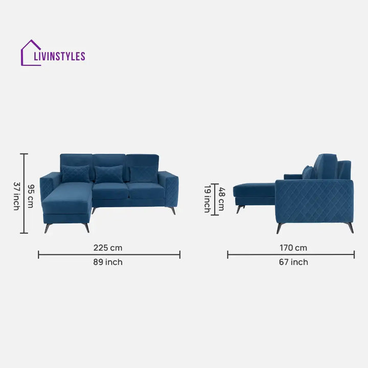 Efim Blue Fabric 2 Seater Sofa With Lounger