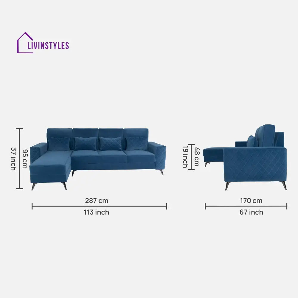 Efrem Sapphire Blue Fabric 3 Seater Sofa With Lounger