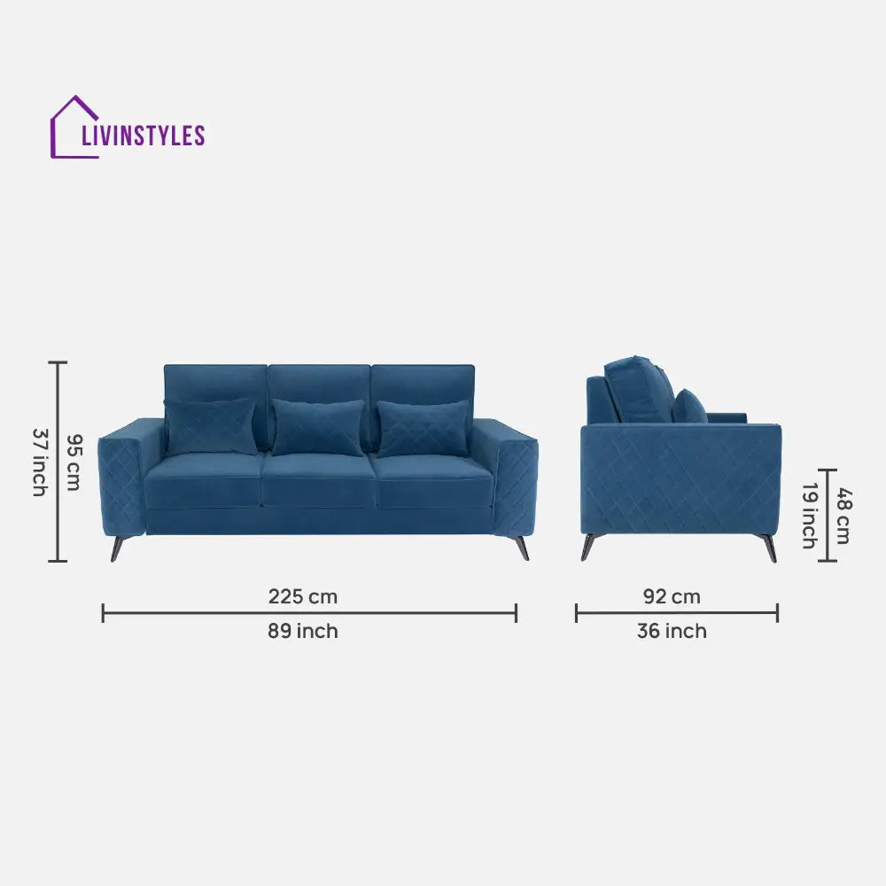 Elizar Sapphire Blue Fabric 3 Seater Sofa