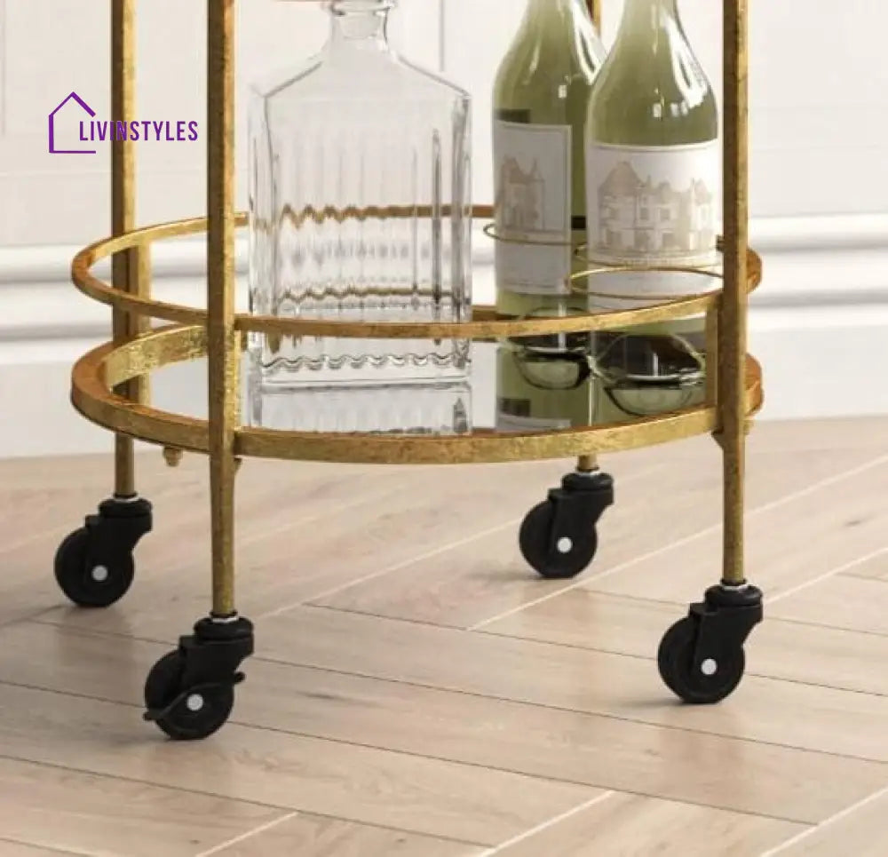 Golden Round Two Tier Bar Cart Trolley With Clear Glass Shelves Serving Trays