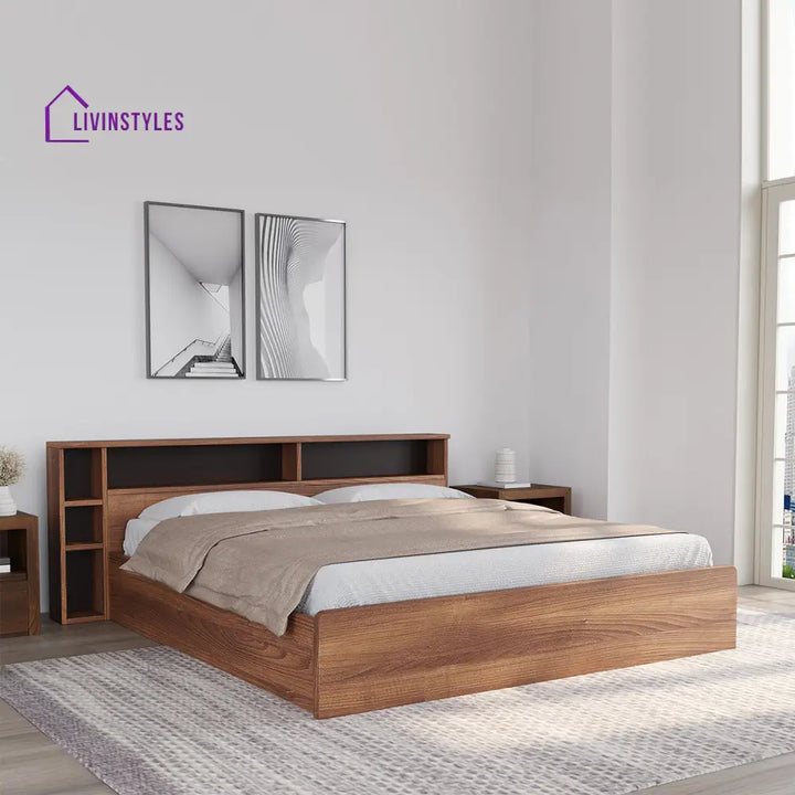 Yaroslav King Bed With Headboard & Box Storage (Classic Walnut) Home Furniture