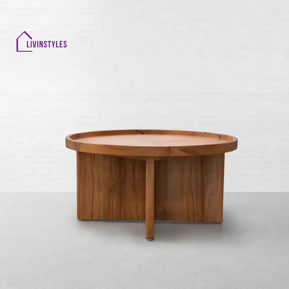 Harsh Solid Acacia Wood Round Coffee Table for Living Room | Natural Finish Center Table with Modern Cross Leg Base