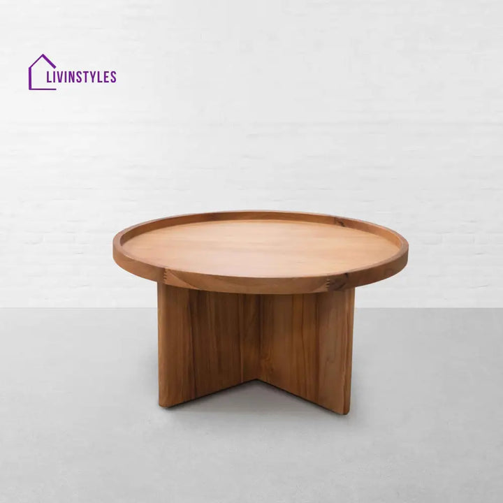 Harsh Solid Acacia Wood Round Coffee Table for Living Room | Natural Finish Center Table with Modern Cross Leg Base