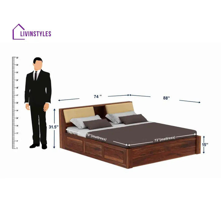 Karuna Solid Sheesham Wood Hydraulic Bed With Box Storage (King Size Honey Finish)