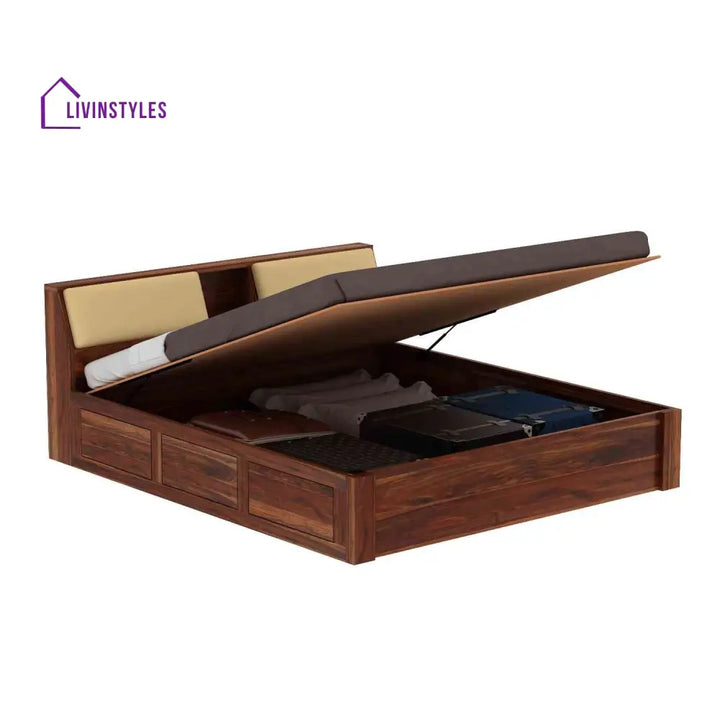 Karuna Solid Sheesham Wood Hydraulic Bed With Box Storage (King Size Honey Finish)