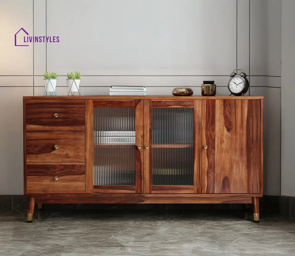 Kiara Sheesham Wood Cabinet and Sideboard | Glass Door Cabinet
