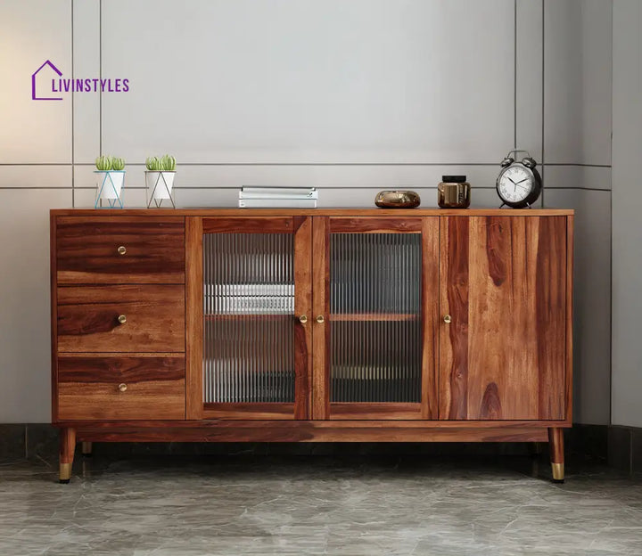 Kiara Sheesham Wood Cabinet and Sideboard | Glass Door Cabinet