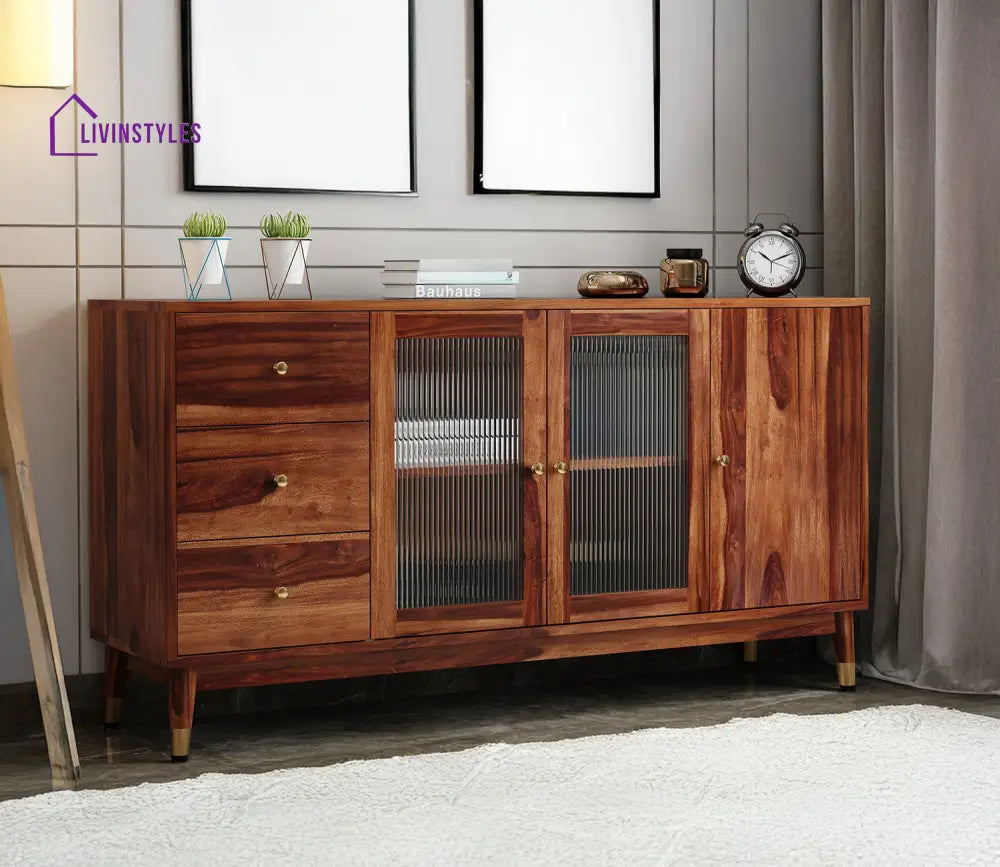 Kiara Sheesham Wood Cabinet and Sideboard | Glass Door Cabinet