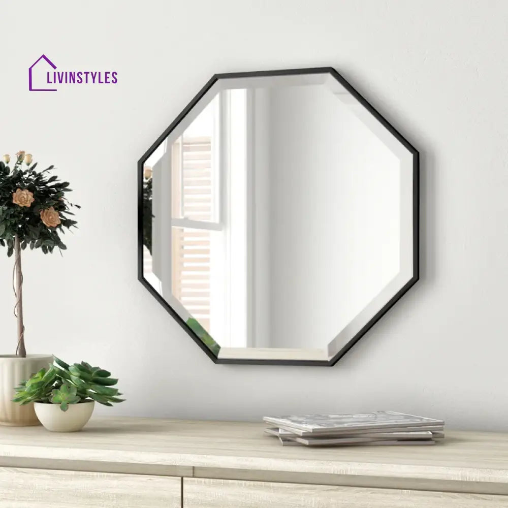 Kitty Minimalist Octagon Artistic Black Framed Metal Finish Bathroom Mirror Wall Mirror