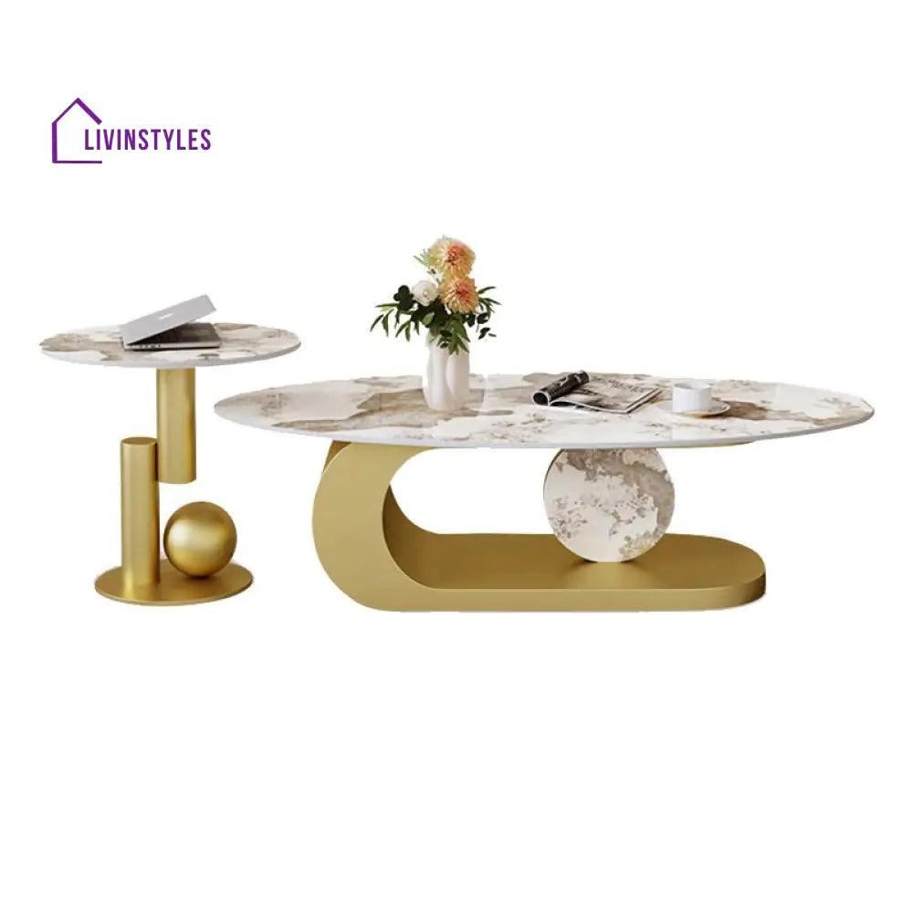 Luna Stainless Steel Coffee Table | Composite Marble - Set of 2