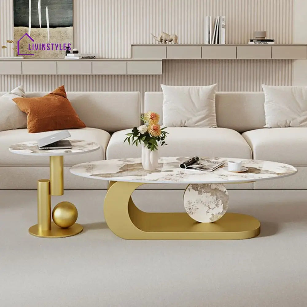 Luna Stainless Steel Coffee Table | Composite Marble - Set of 2
