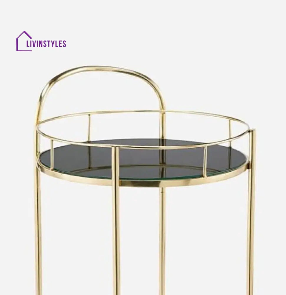 Luxurious Round Trolley With Black Glass Top - 2 Tier Serving Cart Trays