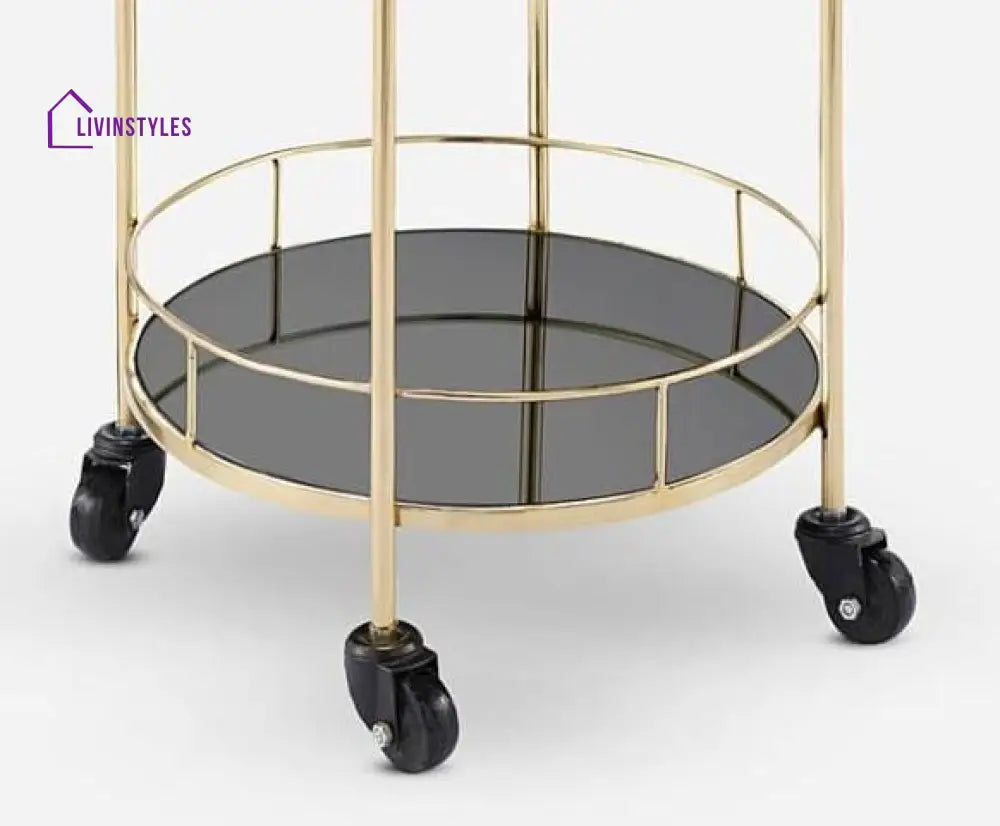 Luxurious Round Trolley With Black Glass Top - 2 Tier Serving Cart Trays