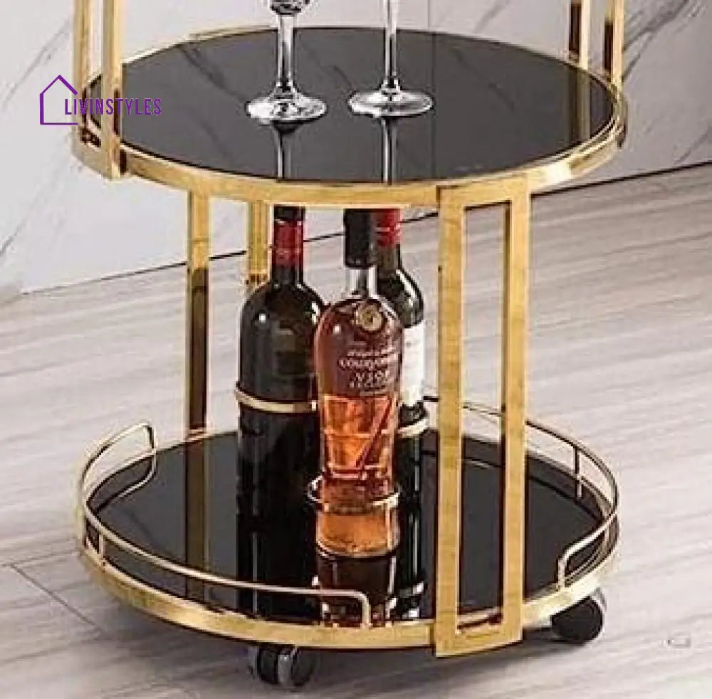 Luxurious Round Trolley With Black Glass Top - 3 Tier Serving Cart Trays