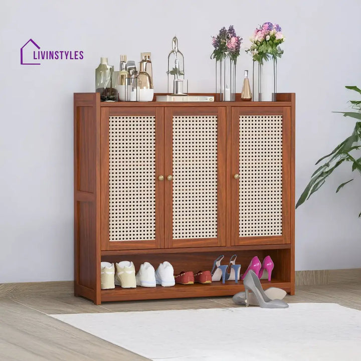 Mahi Solid Wood Acacia Cane Shoe Rack (Honey Finish)