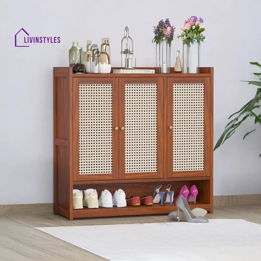 Mahi Solid Wood Acacia Cane Shoe Rack (Honey Finish)