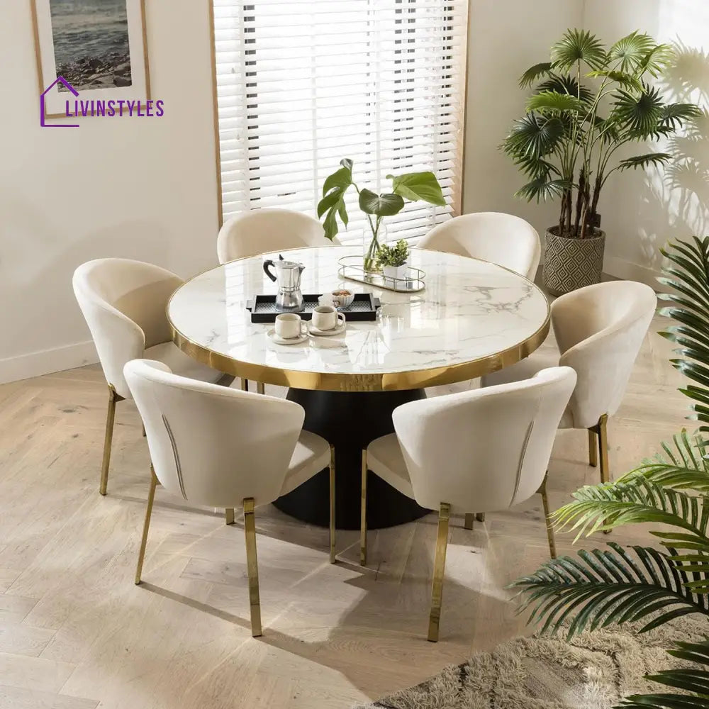 Margarita Round Marble Dining Table Cream Velvet Chairs,