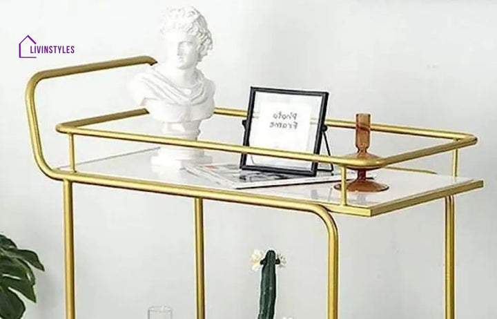 Modern Golden Iron Rectangle Trolley - 2 Tier With White Marble Top Serving Cart