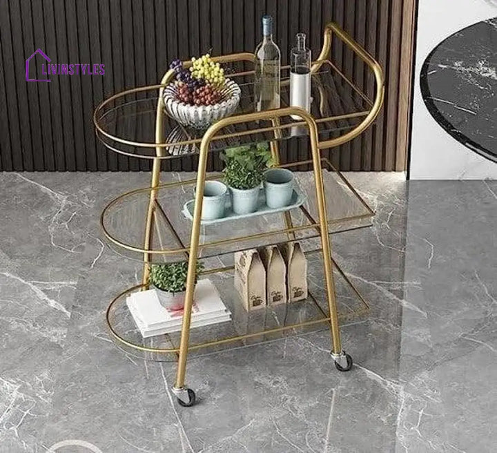 Modern Golden Iron Trolley With Clear Glass Top - 3 Tier Bar Cart Serving Trays
