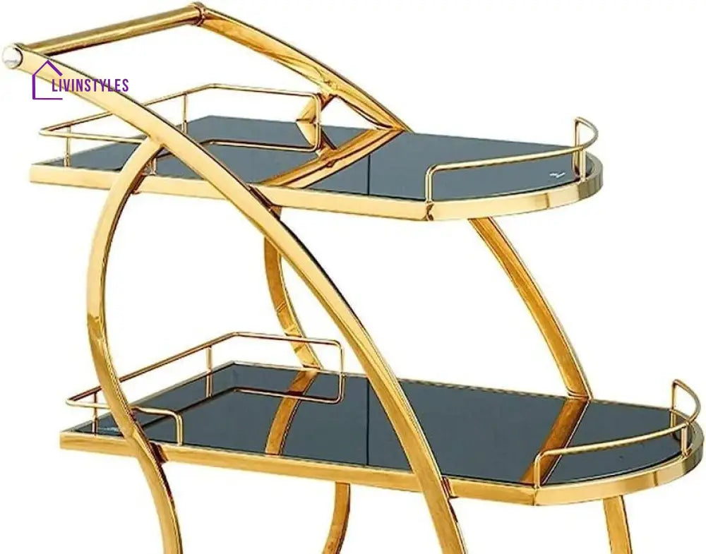 Modern Golden Trolley With Black Glass Top - 3 Tier Serving Cart Trays