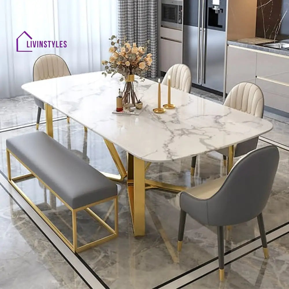 Mukul Metal Dining Table with Marble Top Chair and Bench