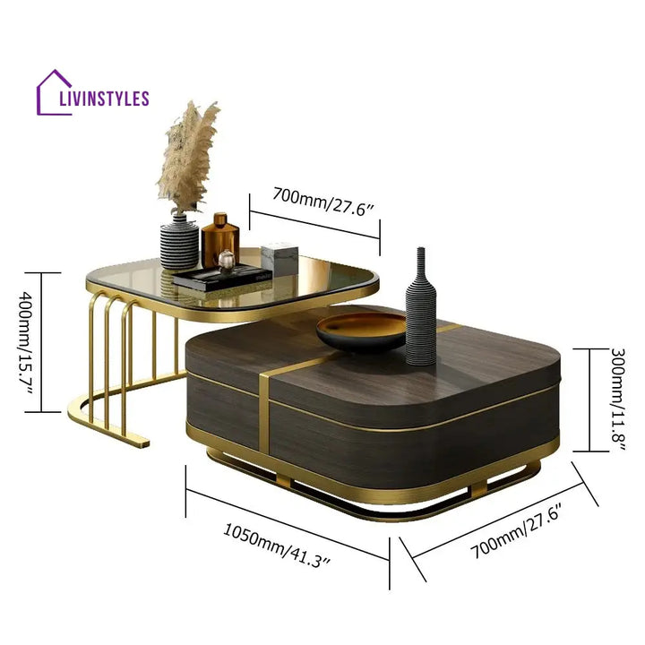 Muskaan Modern Nesting Coffee Table with Hidden Storage Glass Top Wooden and Golden Finish