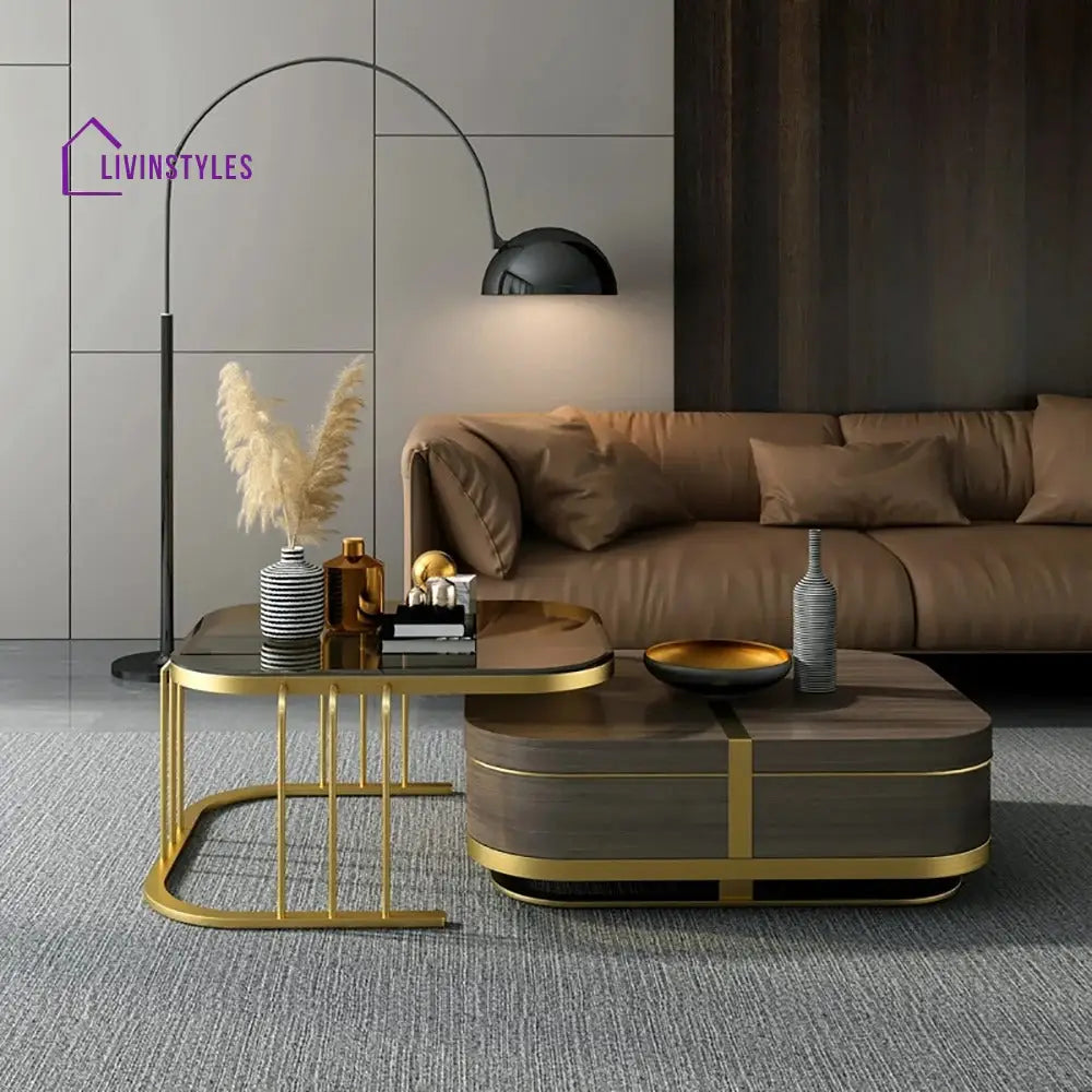 Muskaan Modern Nesting Coffee Table with Hidden Storage Glass Top Wooden and Golden Finish