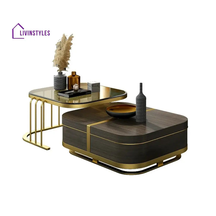 Muskaan Modern Nesting Coffee Table with Hidden Storage Glass Top Wooden and Golden Finish