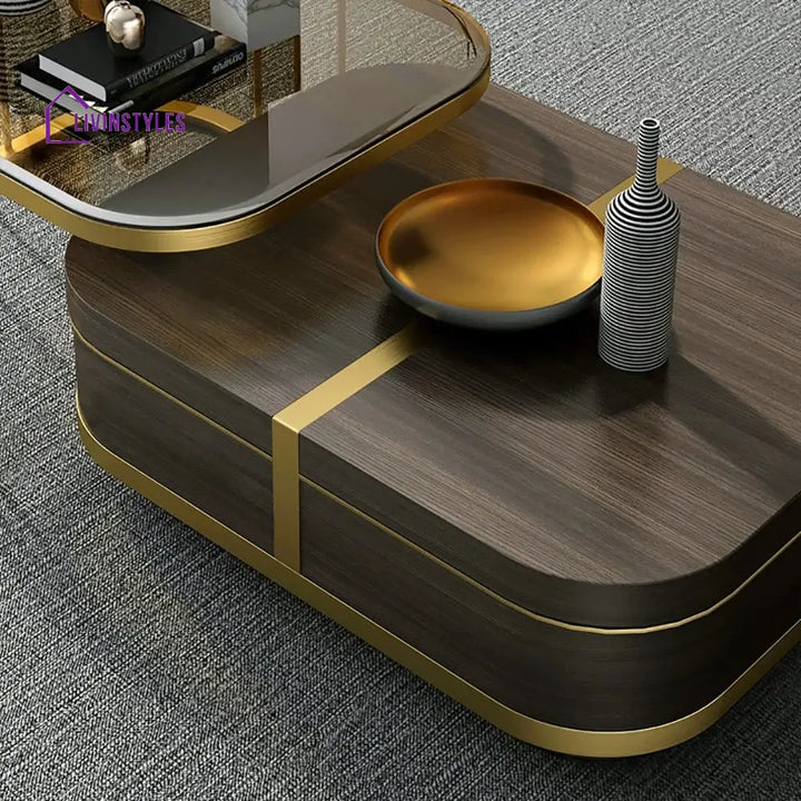 Muskaan Modern Nesting Coffee Table with Hidden Storage Glass Top Wooden and Golden Finish