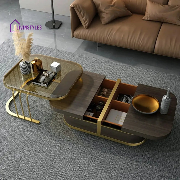 Muskaan Modern Nesting Coffee Table with Hidden Storage Glass Top Wooden and Golden Finish