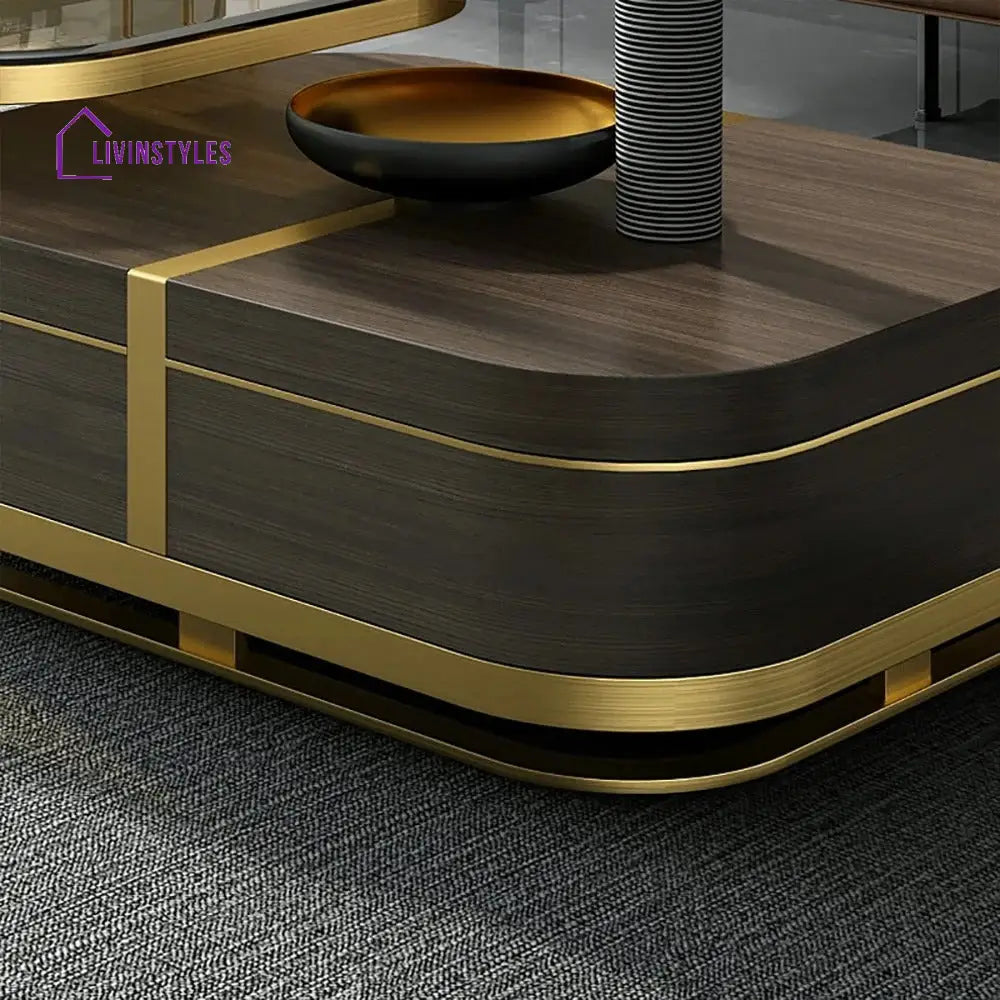 Muskaan Modern Nesting Coffee Table with Hidden Storage Glass Top Wooden and Golden Finish