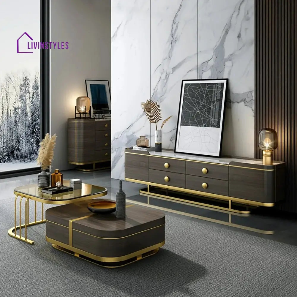 Muskaan Modern Nesting Coffee Table with Hidden Storage Glass Top Wooden and Golden Finish